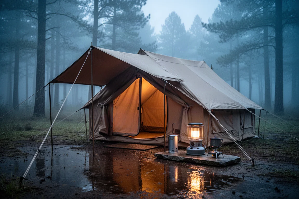 Large four-season hot tent with an awning glowing at dusk in a misty forest clearing