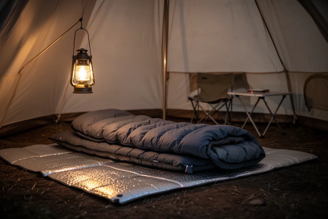 夜间无底热帐篷内部,铺有睡垫、被子和悬挂式营灯