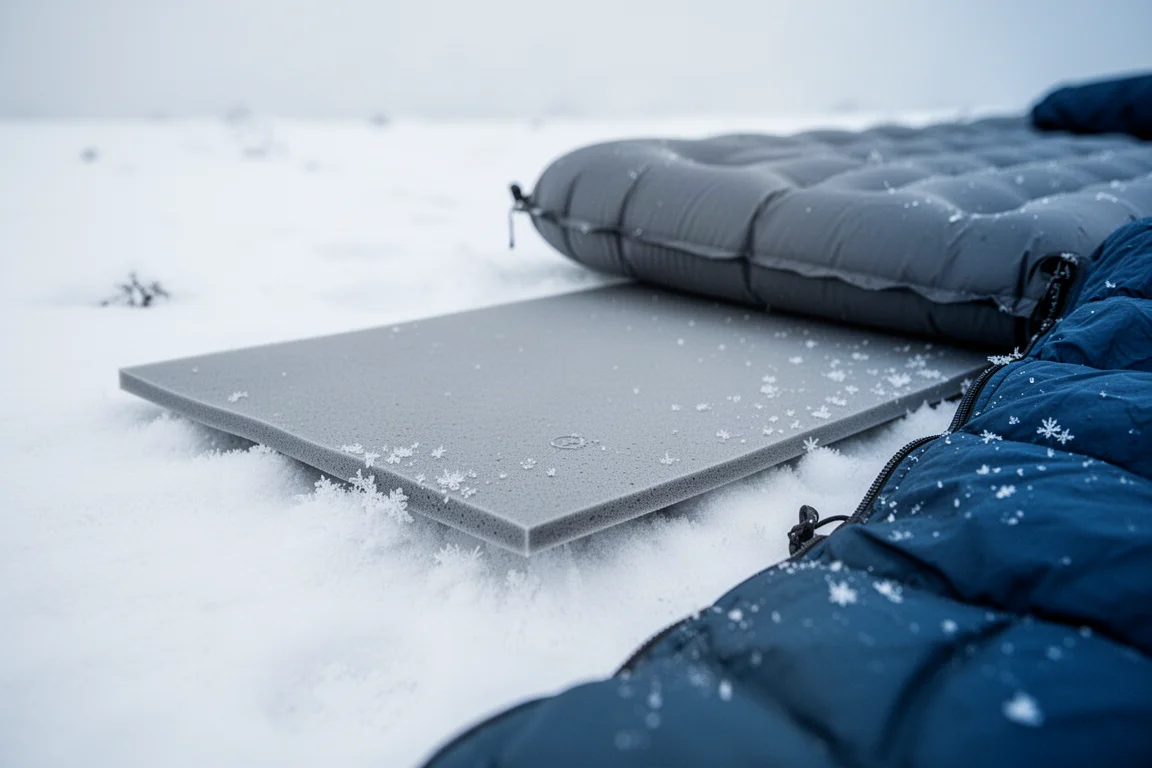 反光泡棉垫和睡垫铺在压实的雪地上,表面结着霜晶
