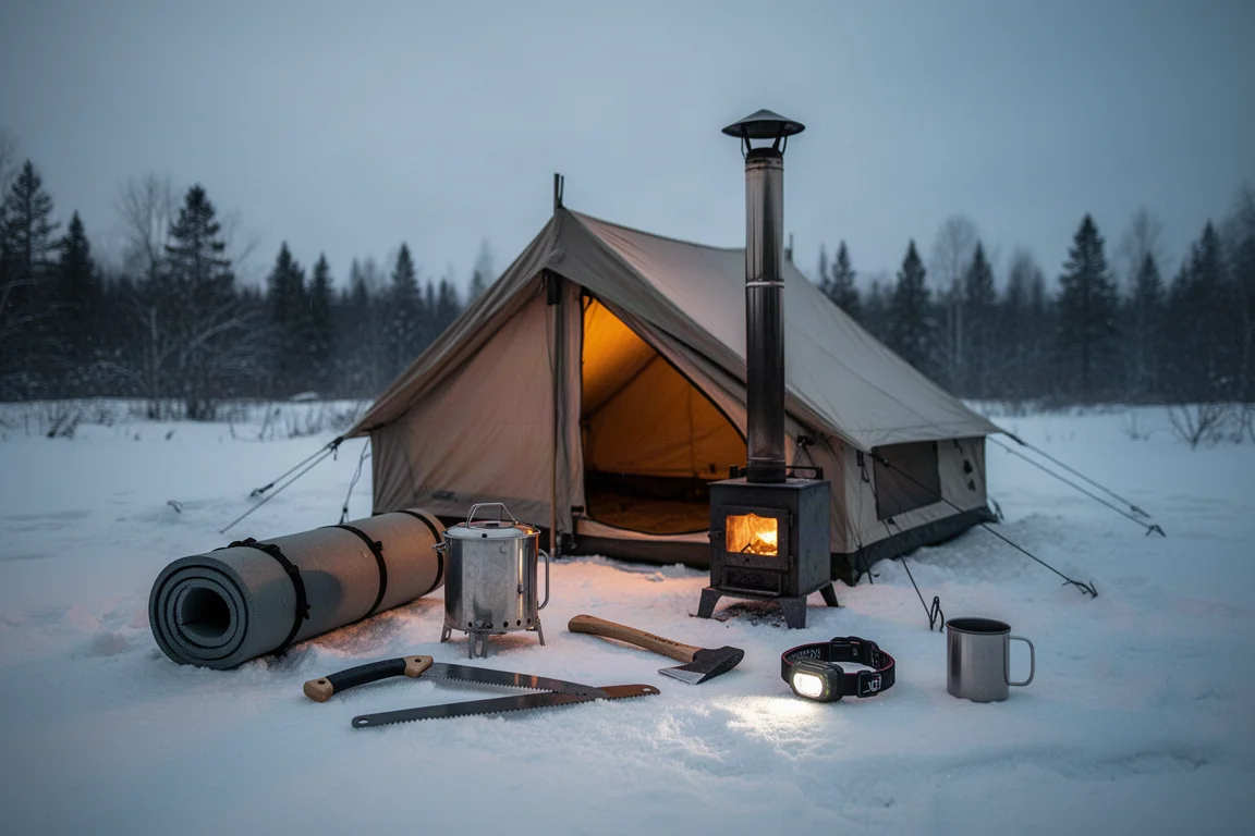 Winter campsite with a hot tent, titanium stove and cold-weather camping gear on snow