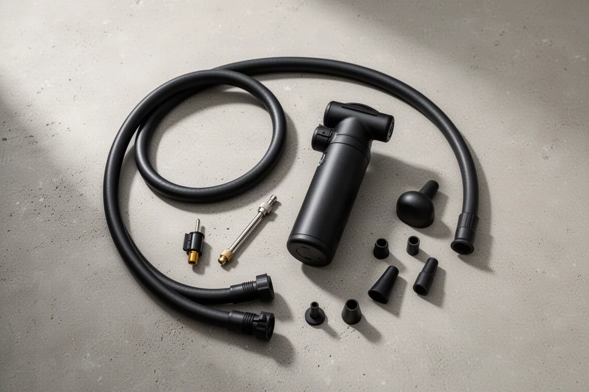 Portabel luftpump på ett garagebänk bredvid en hoprullad slang och ventiladapter