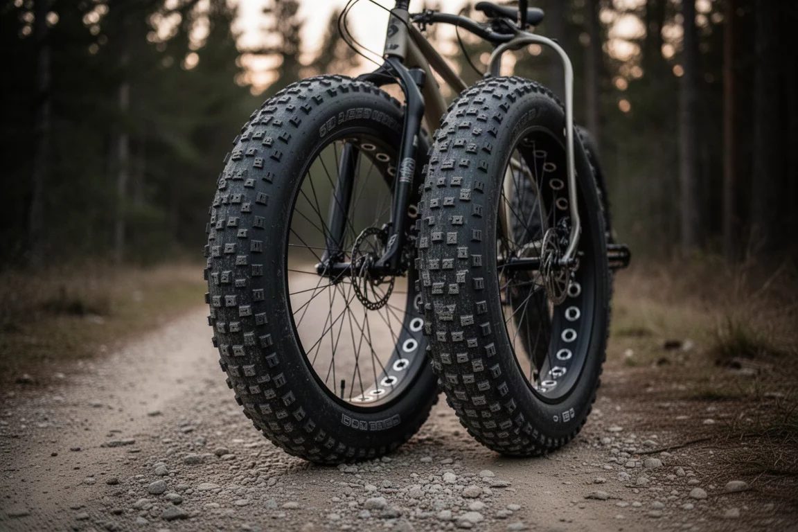 Däck på en fatbike på en stig i skymningen