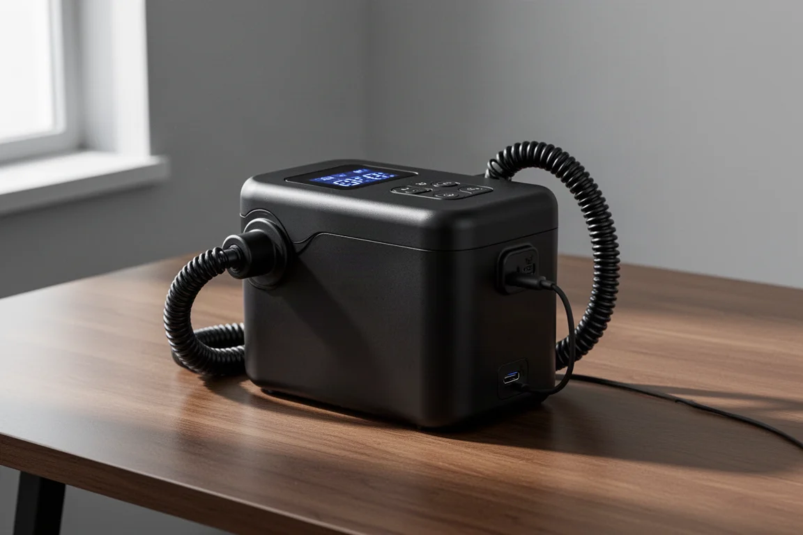 Compact portable air pump with digital display and coiled hose on a wood desk