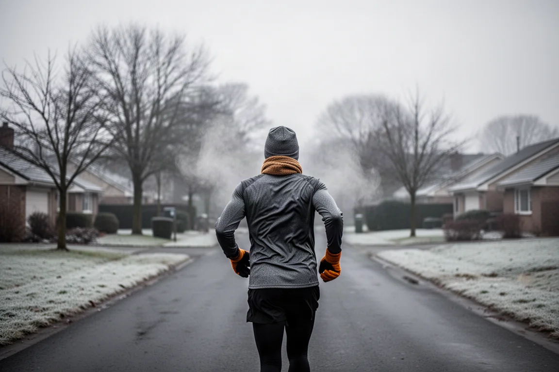 Coureur sur une route glaciale en hiver, avec gants et couches thermiques