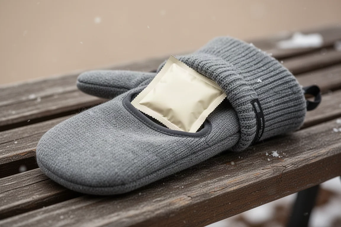 Sachet chauffe-mains glissé dans une moufle de course sur un banc en bois