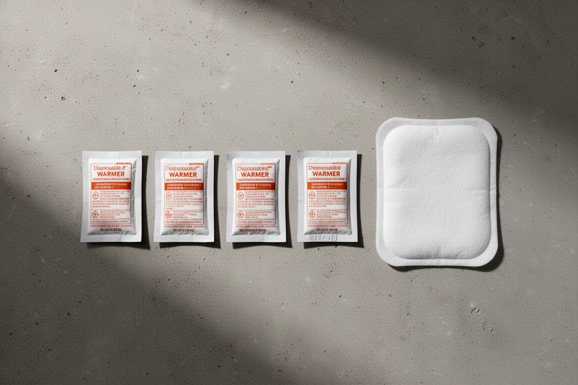 Sachets chauffe-mains jetables de différentes tailles disposés côte à côte