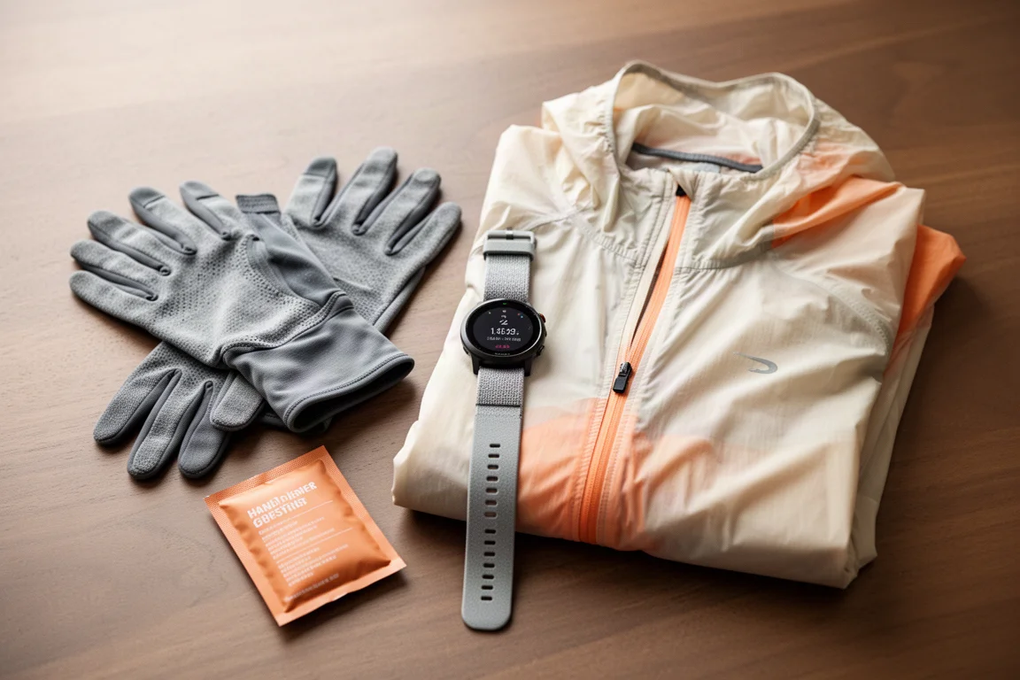 Gants et équipement de course hivernale disposés pour une sortie matinale par temps froid