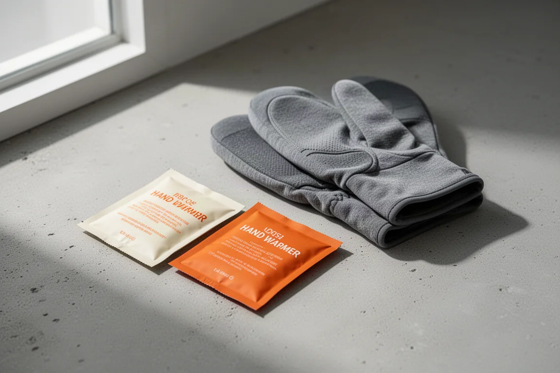 Disposable hand warmer packets next to grey running mittens on concrete