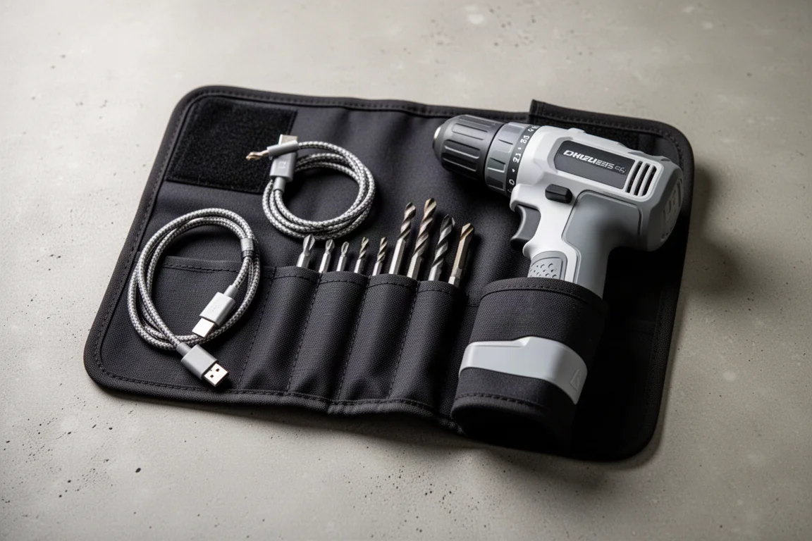 Zestaw wiertarki HOTO 12V rozłożony na tkaninowym etui z bitami i kablem USB-C