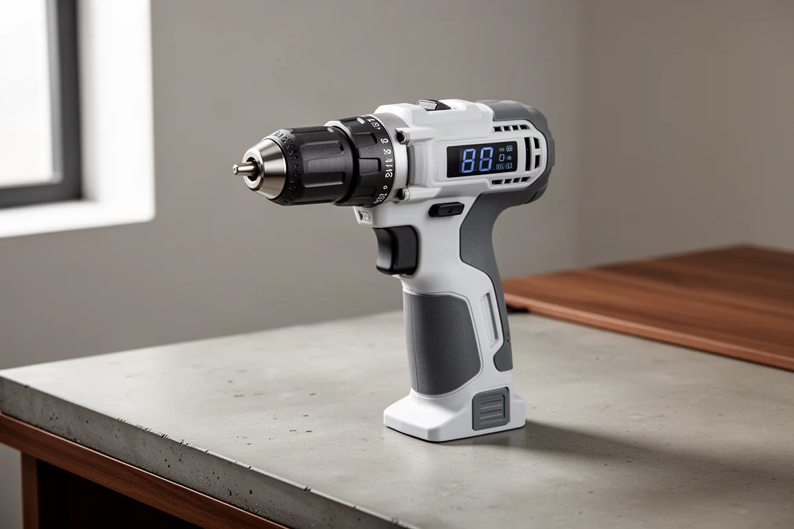 HOTO 12V brushless cordless drill on a matte concrete surface