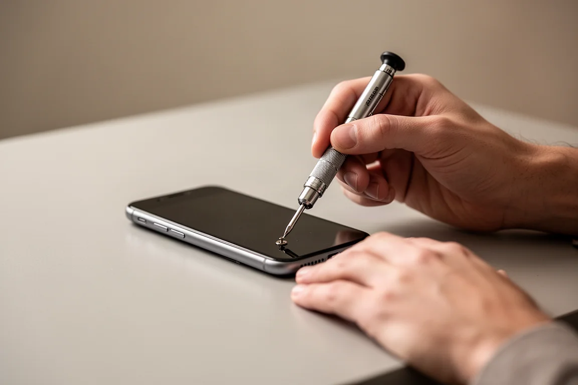 Pessoa apertando um parafuso minúsculo na base de um smartphone