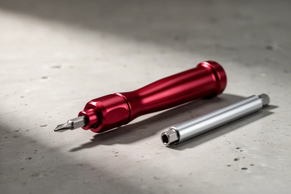 Cinnabar red aluminum precision screwdriver with bit holder on concrete surface