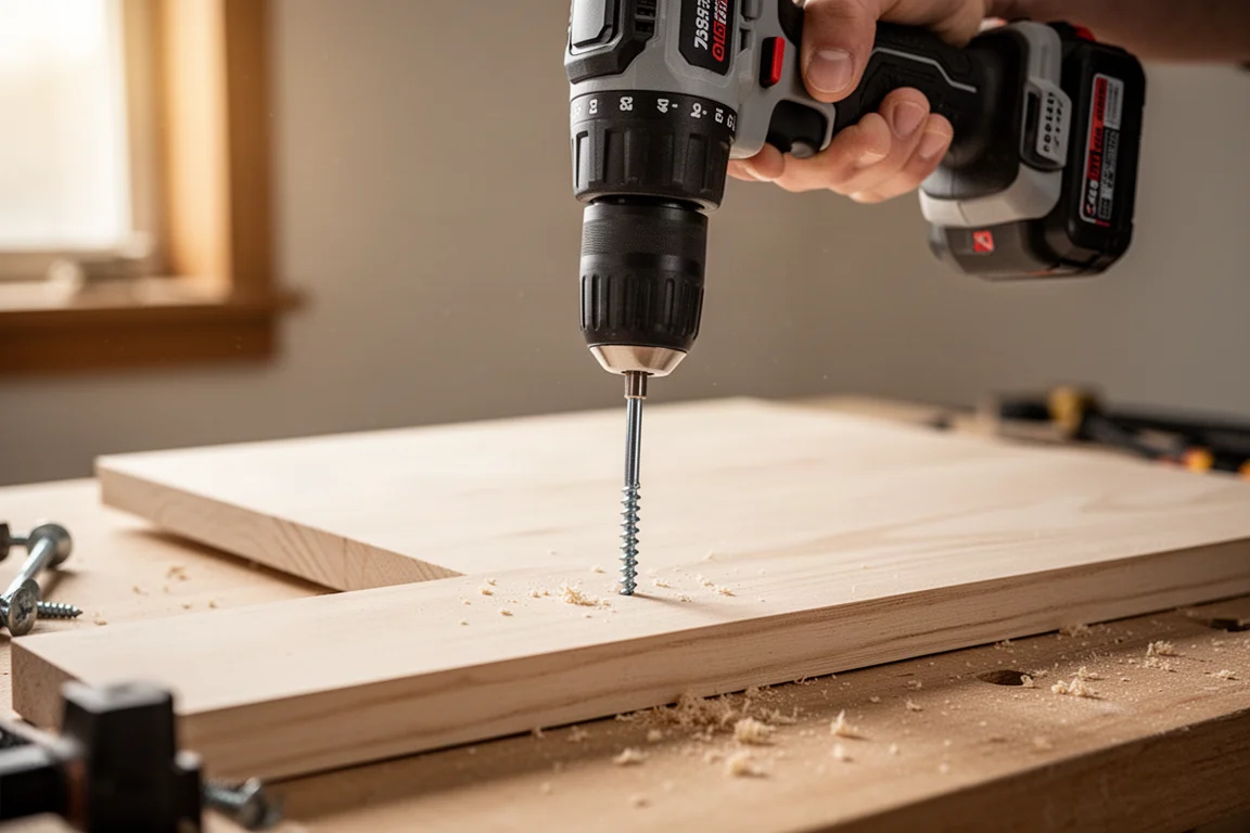 Cordless drill driving a screw into a wooden board with clean workbench lighting