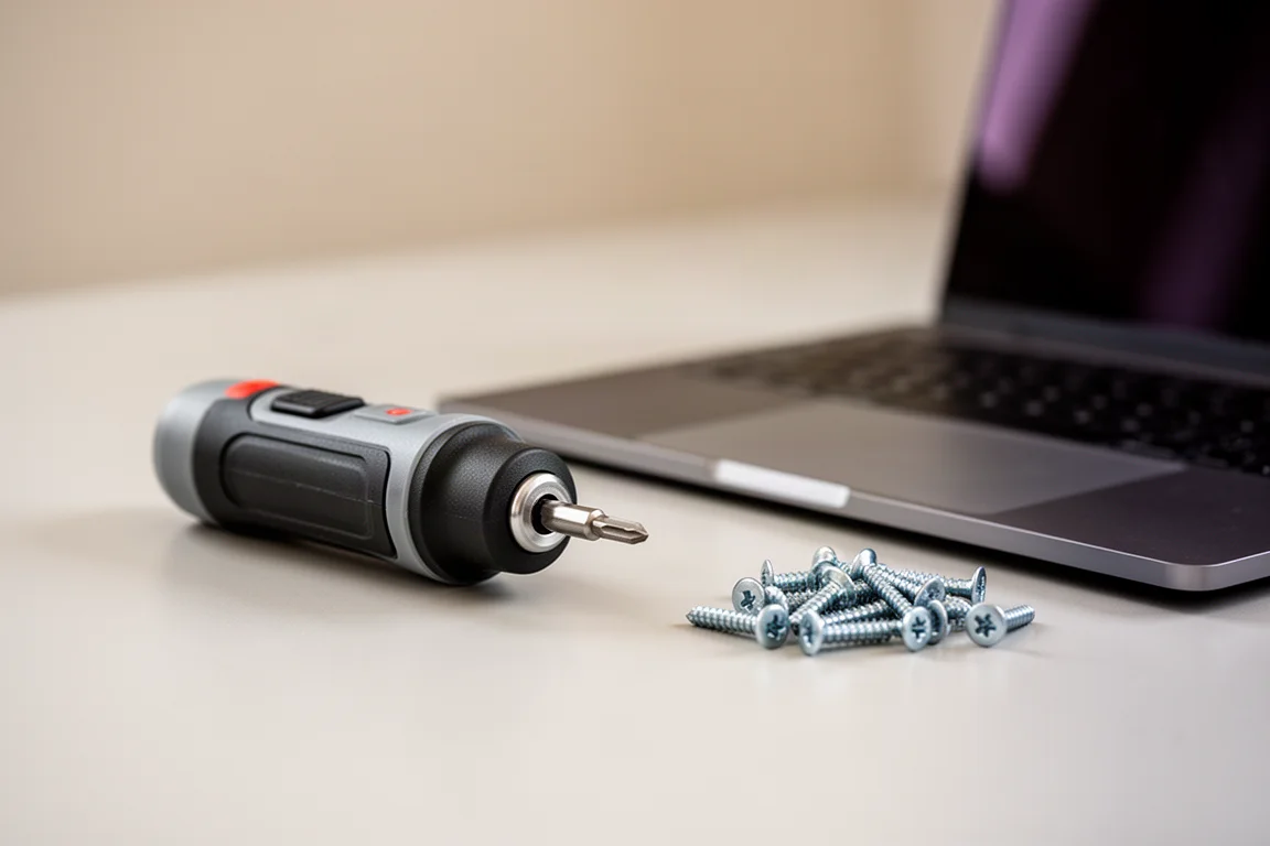 Compact screwdriver resting near a laptop during precision work