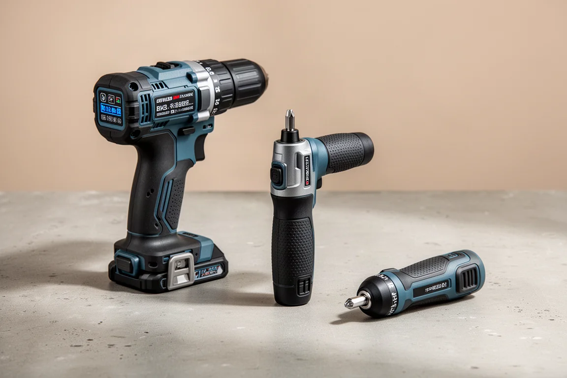 Three Hoto compact power tools arranged on a concrete surface