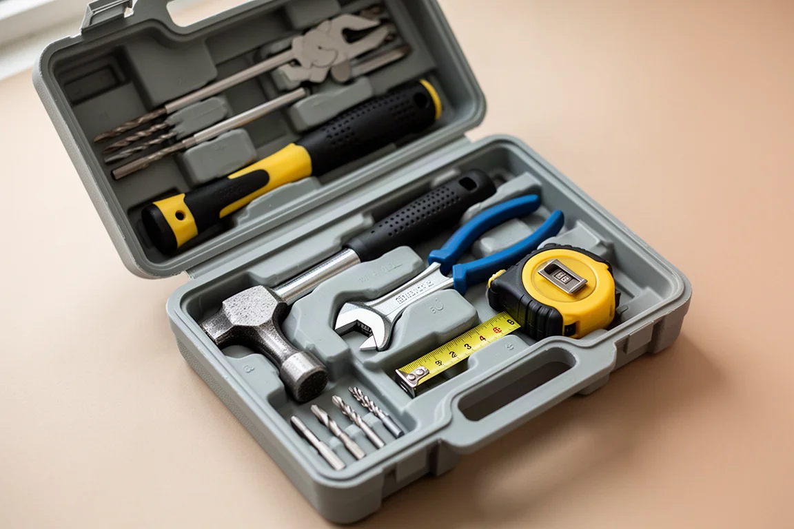 Valigetta di plastica aperta del kit di attrezzi con attrezzi da casa ordinatamente organizzati