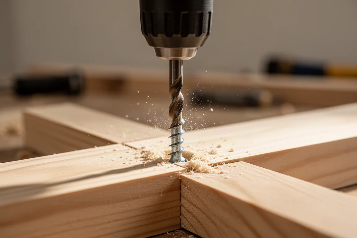 Punta di trapano che avvita una vite in un pezzo di legno tenero leggero