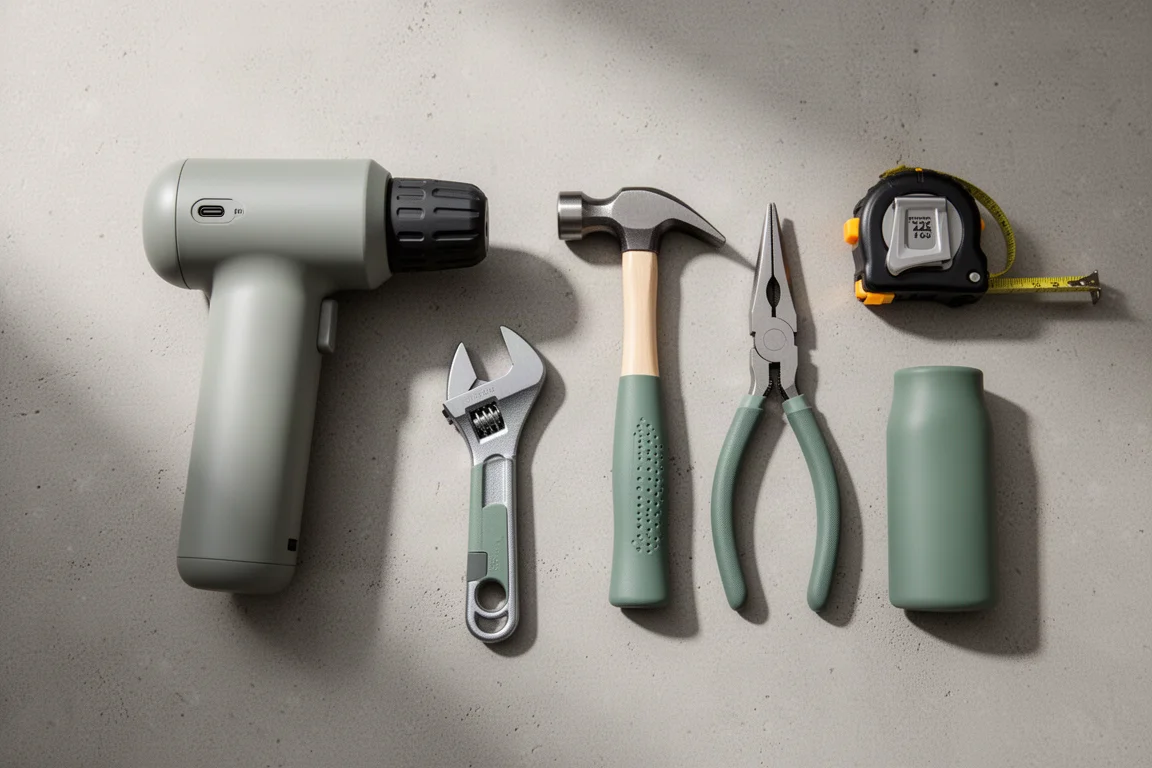 HOTO household tool kit laid out on a concrete surface