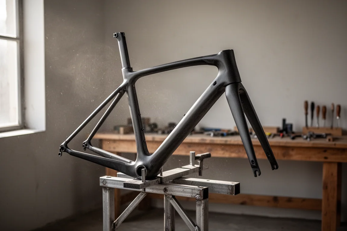 Bare carbon bicycle frame resting on a workshop stand in soft light