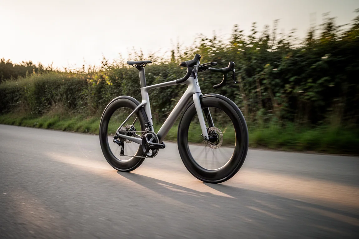 Modern aero road bike cornering fast on smooth tarmac