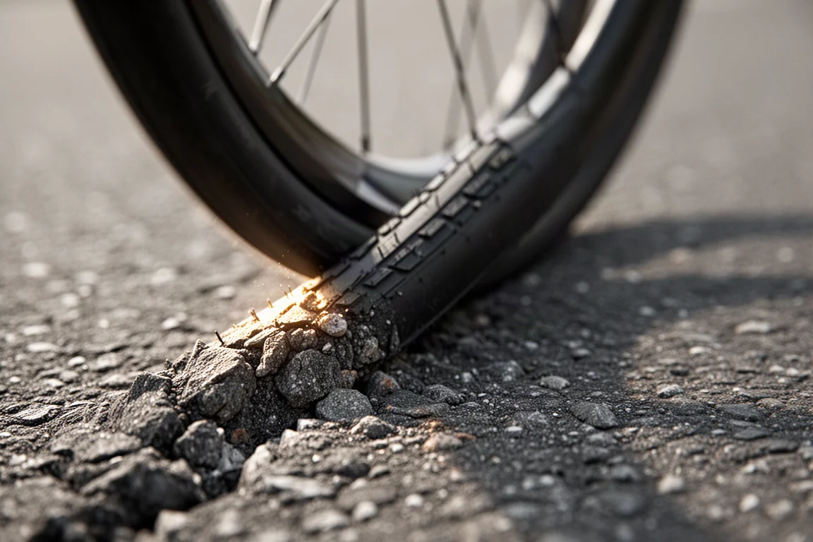 Close-up of a narrow road tyre on rough tarmac surface
