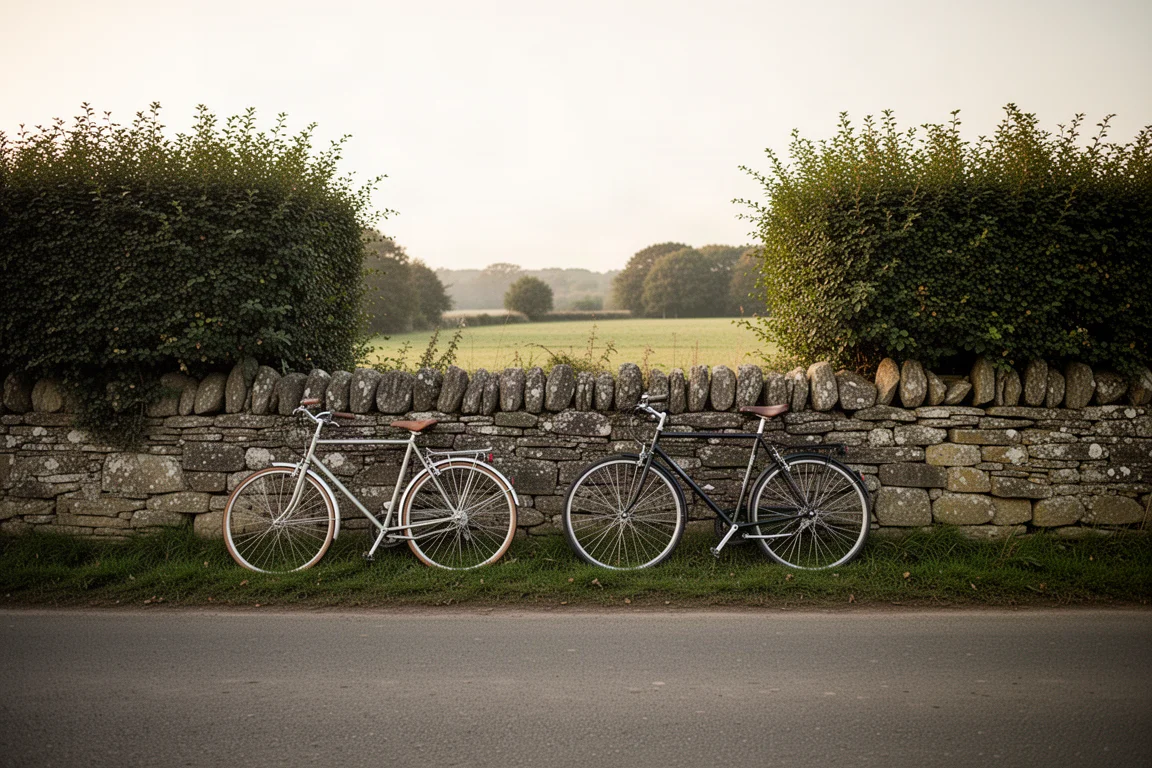 Two bicycles leaning against a stone wall on a country lane