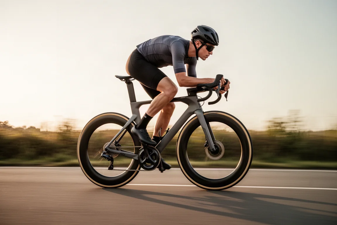 Road cyclist riding an aero road bike at speed on tarmac