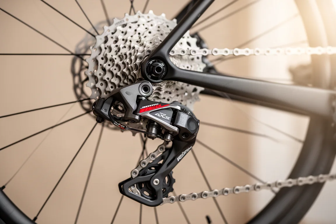Close-up of a SRAM RED AXS rear derailleur and cassette