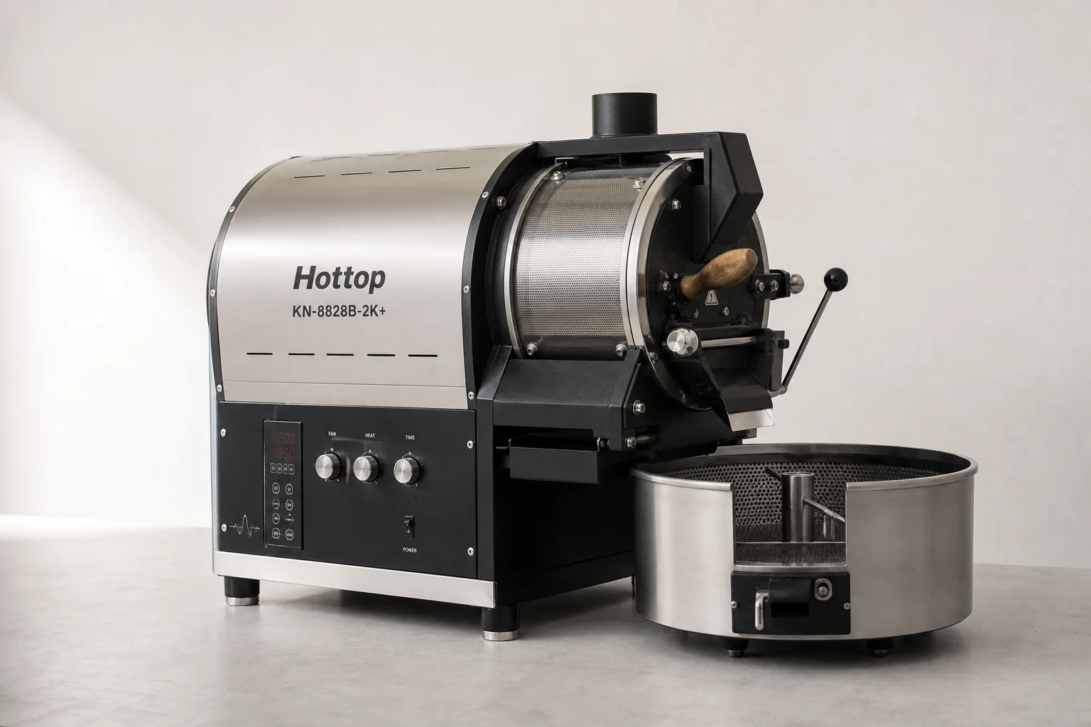Five home coffee roasters arranged in a line showing size and design progression