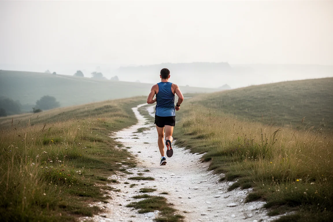 Trailrunner auf einem trockenen Kreideweg entlang der South Downs an einem hellen Sommermorgen