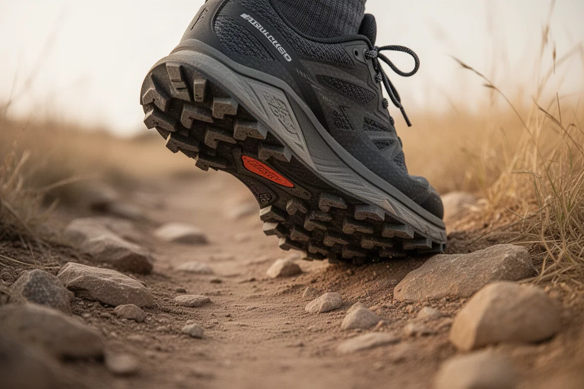 Nahaufnahme von Trailrunning-Schuhen auf einem felsigen Single-Track-Abschnitt