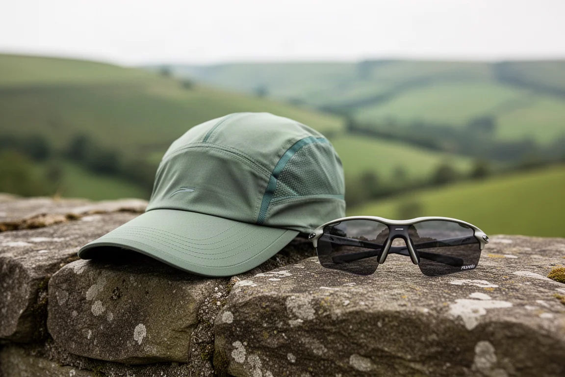 Laufkappe und Sonnenbrille auf einer Steinmauer mit Hügeln im Hintergrund