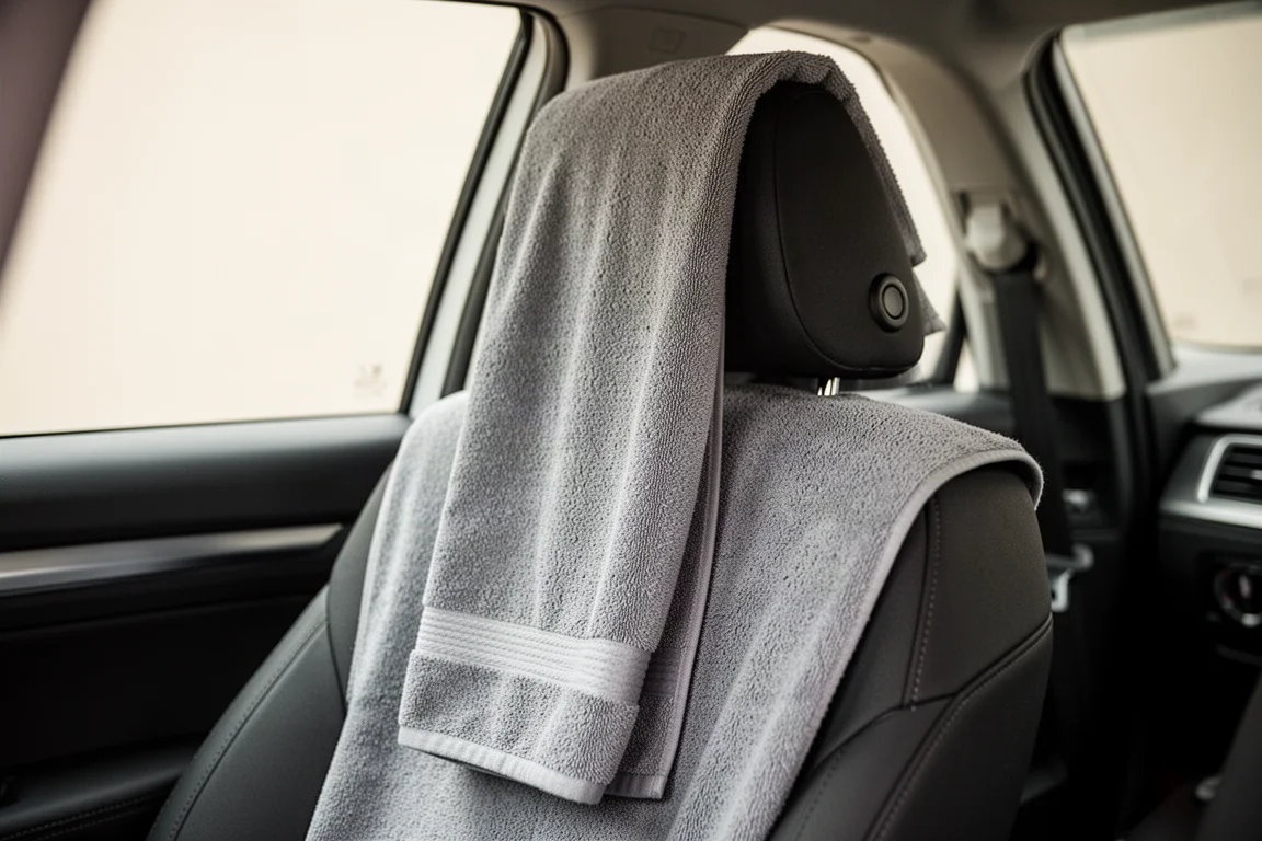 Gefaltetes Mikrofaser-Autositz-Handtuch über einem Autositz nach dem Lauf