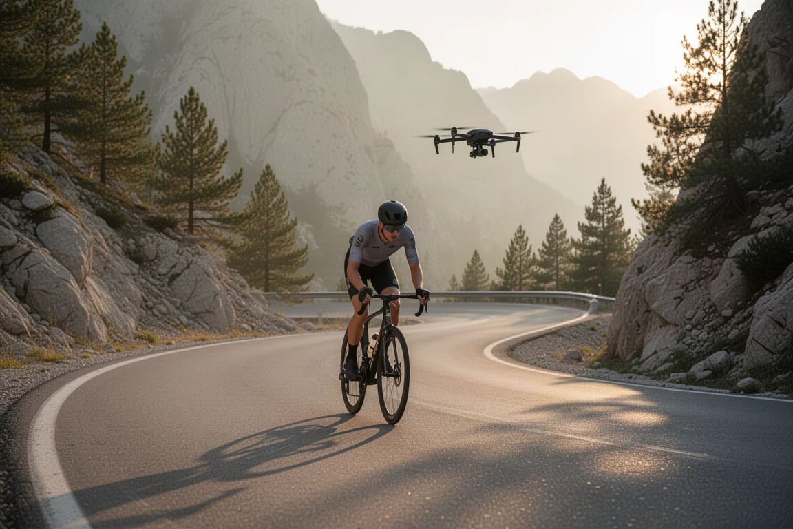 Cycliste sur route dans un lacet de montagne avec un petit drone en vol stationnaire à proximité