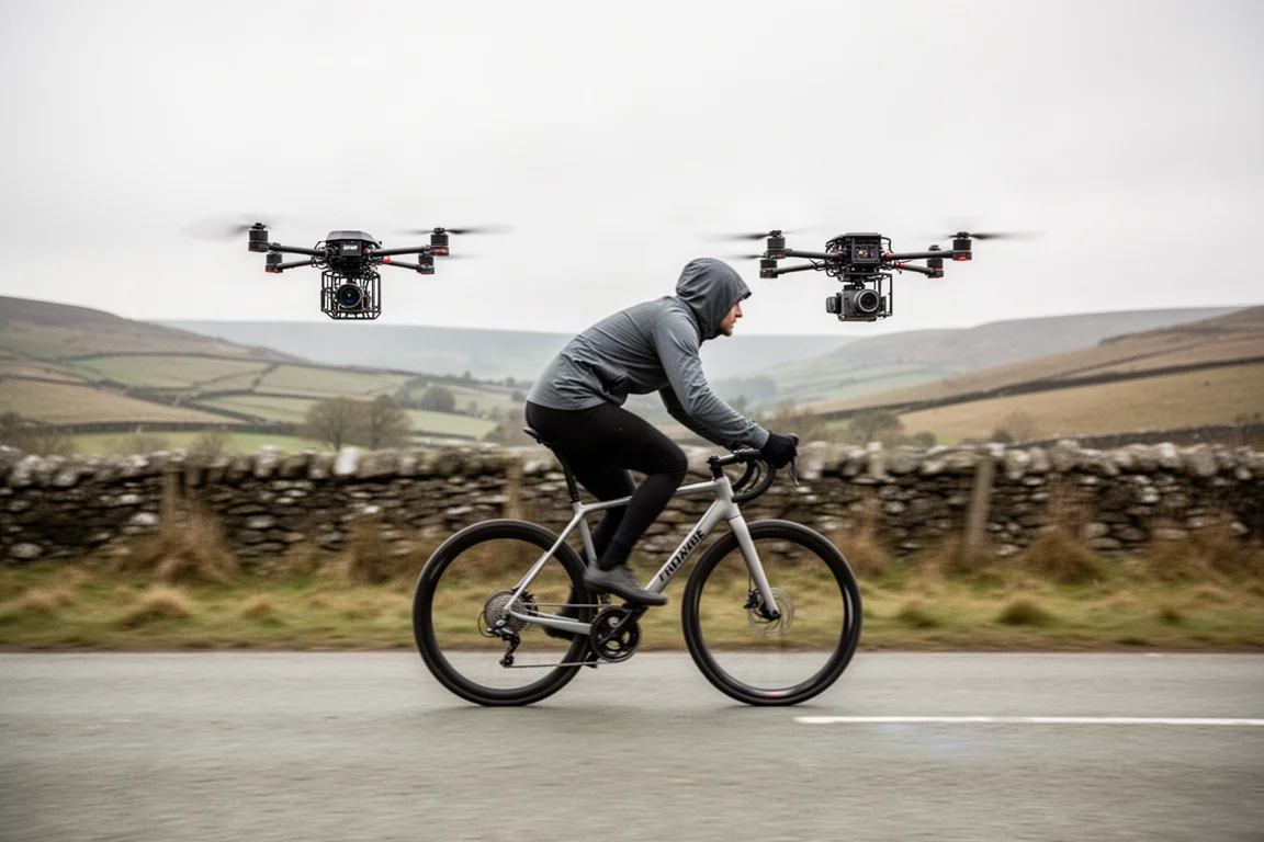 Petit drone caméra suivant un cycliste à vive allure sur une route dégagée