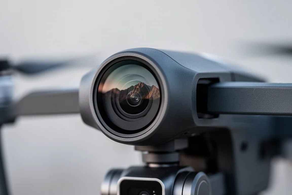 Vue rapprochée de l'objectif de la nacelle du drone avec des montagnes reflétées dans le verre
