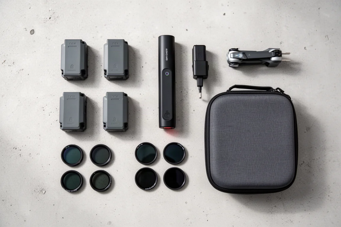 Vue à plat des accessoires du pack cycliste du drone sur une surface en béton