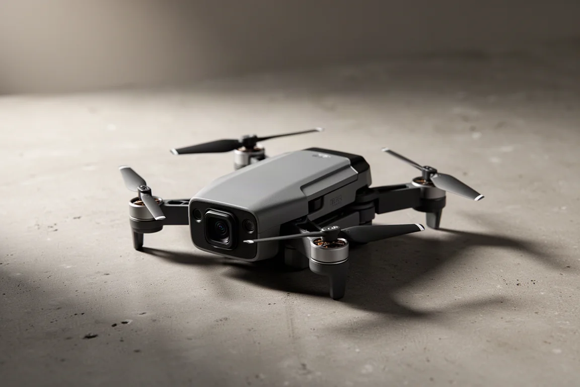 Składany dron wielkości dłoni, w połowie rozłożony, na betonowej powierzchni