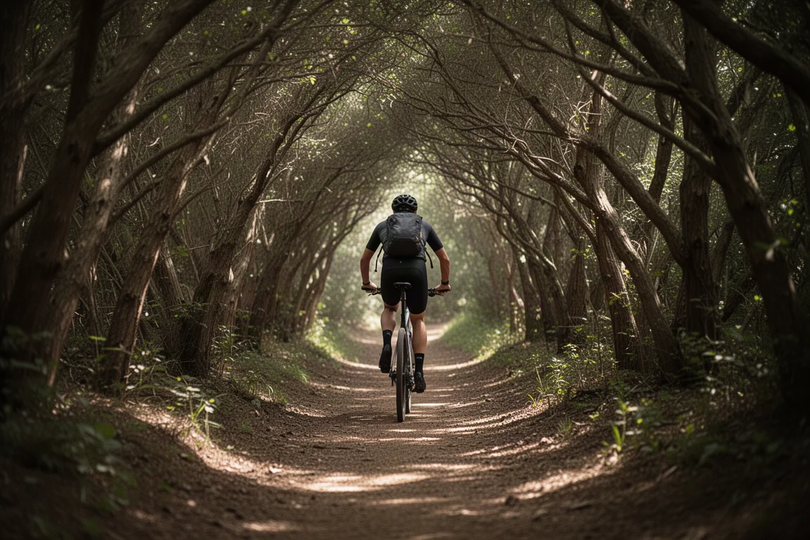 Cycliste traversant un tunnel forestier étroit bordé d'arbres