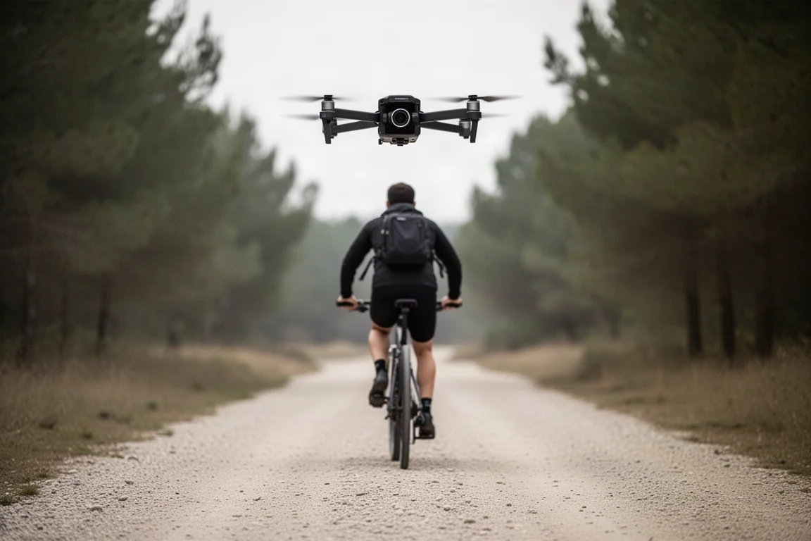 Petit drone en vol stationnaire à quelques mètres au-dessus d'un cycliste sur un sentier ouvert
