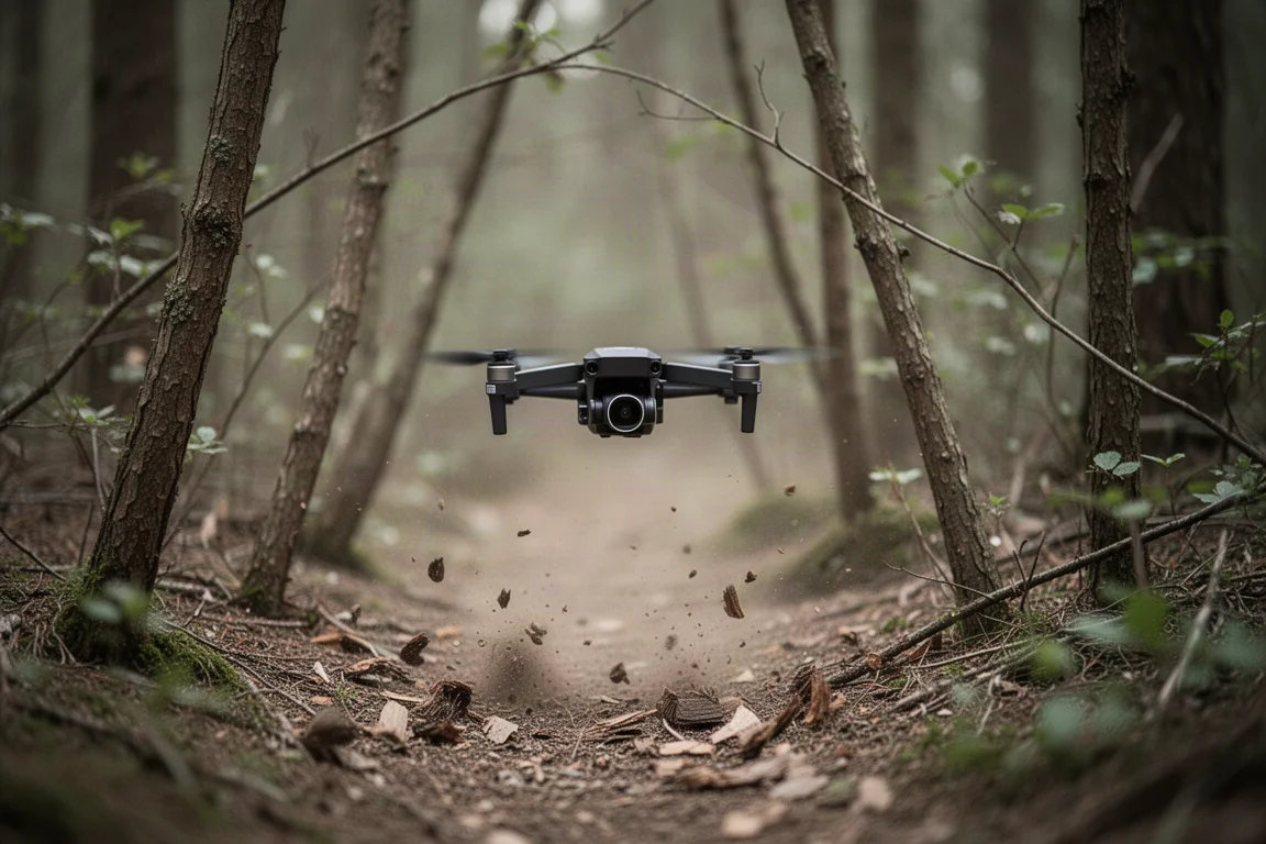 Drone compact se faufilant dans la sous-bois dense et les basses branches