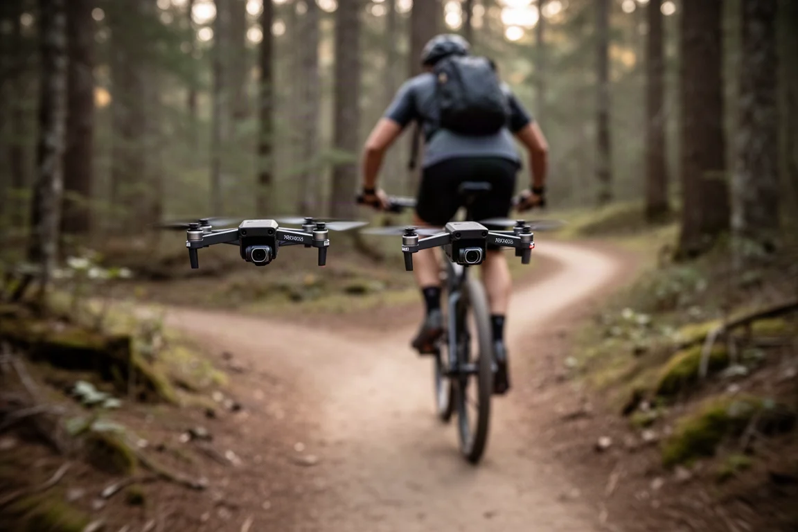 Drone volant bas et juste derrière un cycliste sur un sentier singletrack étroit