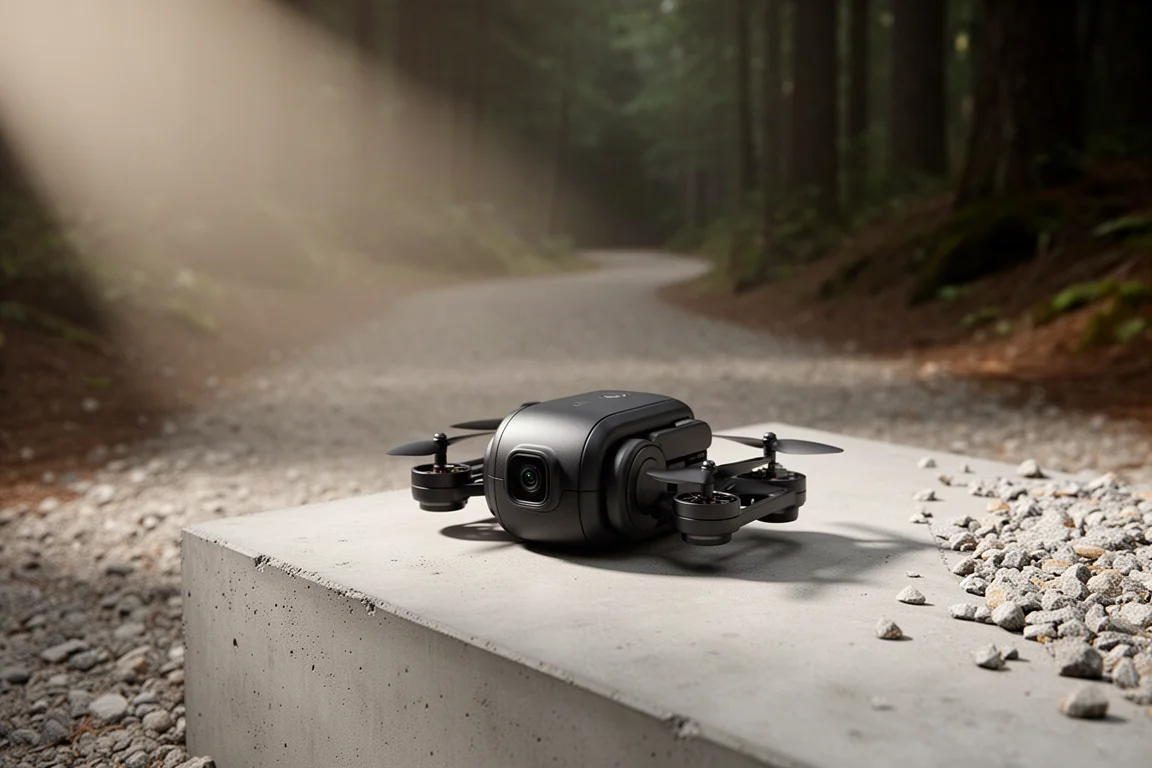 Compact black camera drone resting on concrete beside a gravel trail