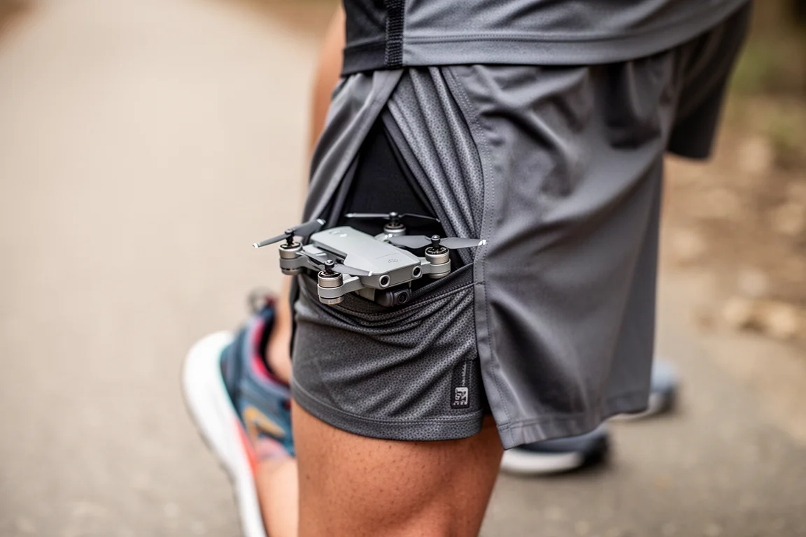 Dron plegable de tamaño de bolsillo descansando en el bolsillo de unos pantalones cortos de running