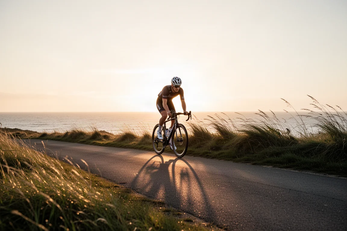 Ciclista pedaleando por un camino costero con viento fuerte al atardecer