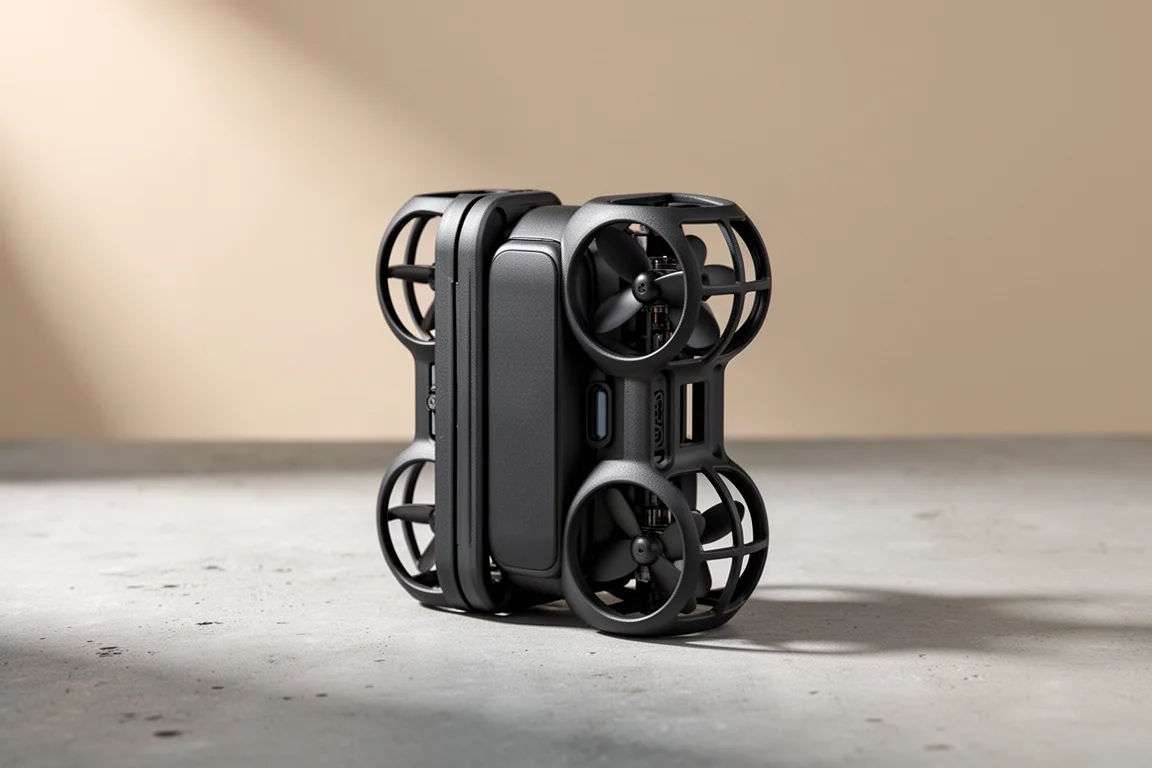 Compact folding selfie drone with enclosed propellers on a concrete surface