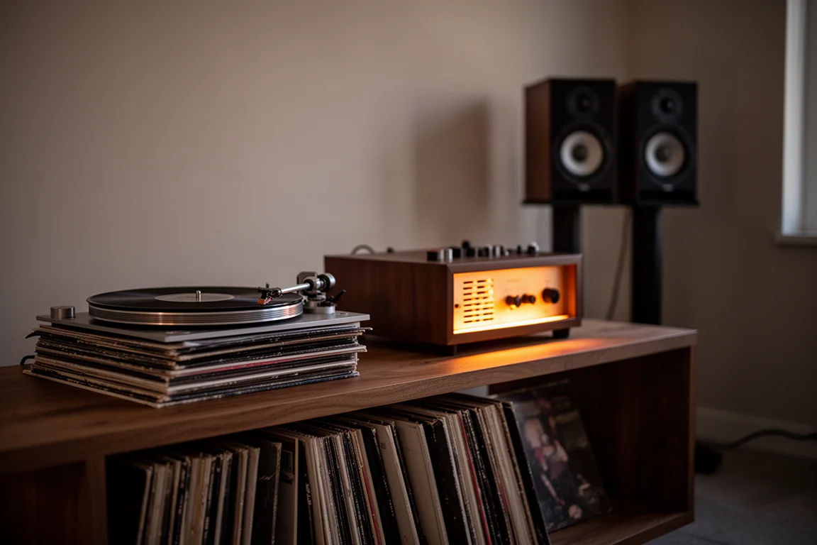 Sala d'ascolto in penombra al crepuscolo con giradischi, dischi in vinile e un amplificatore dalla luce soffusa