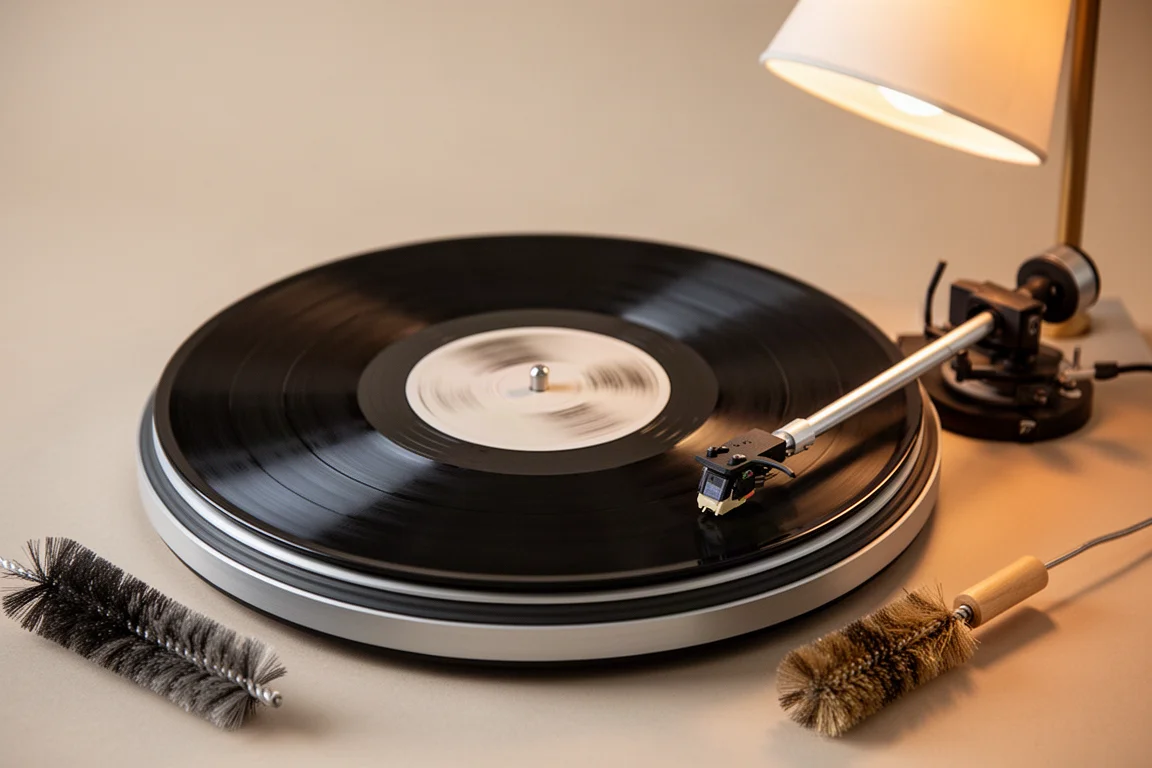Disco in vinile che gira sul giradischi con braccio abbassato e luce calda di una lampada sulla superficie