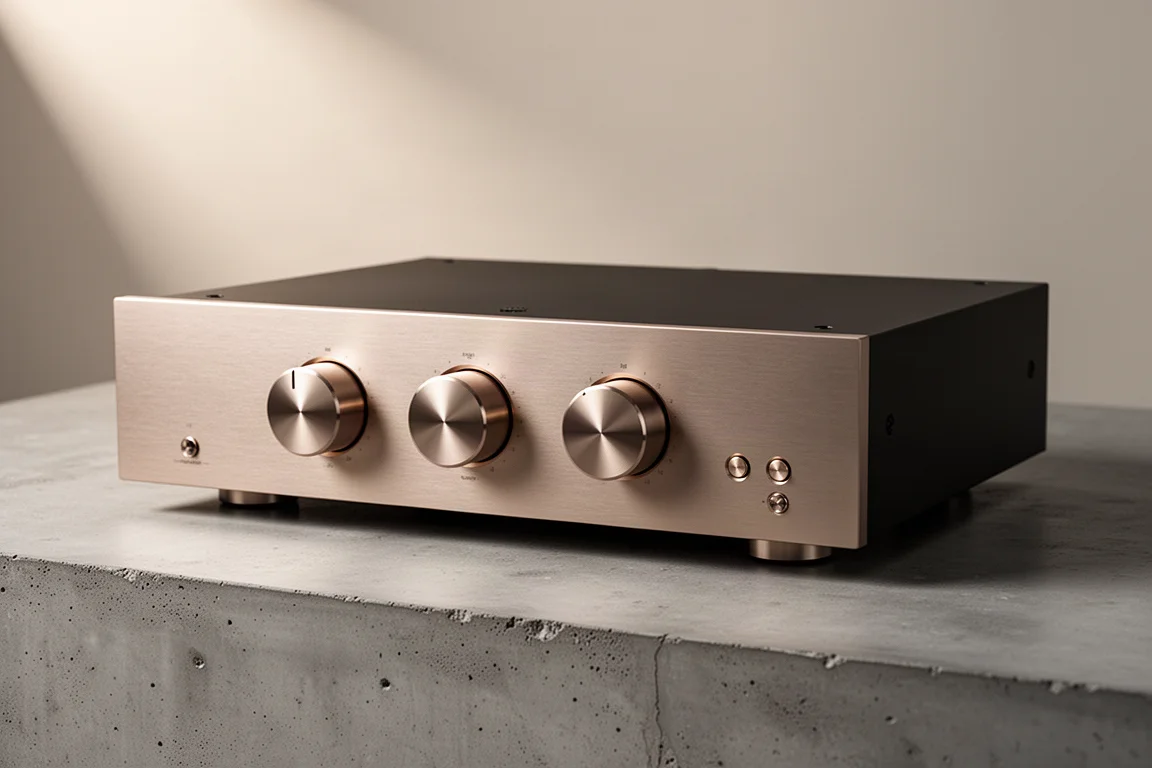 High-end all-tube preamplifier with three machined knobs on a concrete surface
