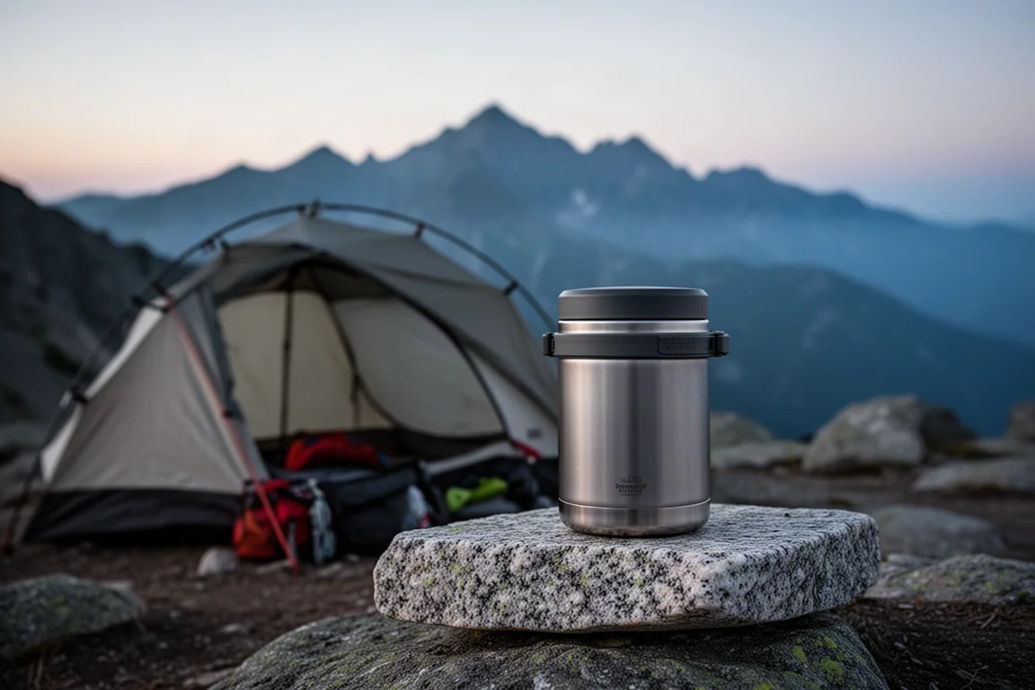 Canister de comida rígido apoiado em uma rocha ao lado de uma barraca ao anoitecer em um acampamento na montanha